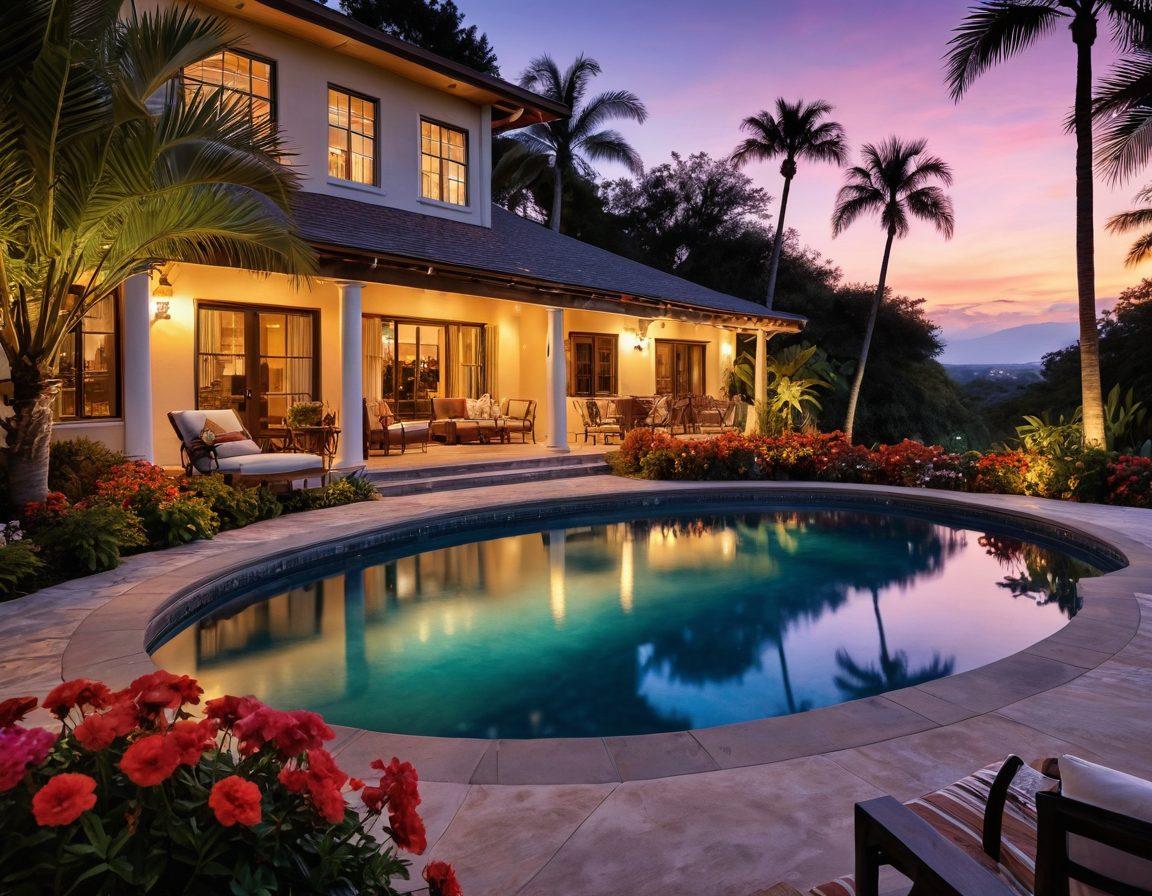 A picturesque scene of a cozy inn with a warm glowing light emanating from the windows, surrounded by lush greenery and colorful flowers, contrasted with a luxurious resort in the distance featuring palm trees and a sparkling pool. Add elements of cozy blankets, steaming cups of tea on a wooden table, and soft twilight lighting to evoke warmth and comfort. super-realistic. vibrant colors. peaceful atmosphere.