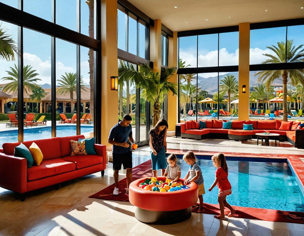 A joyful family enjoying a luxurious hotel lobby, showcasing elegant decor and amenities. Nearby, children are playing in a safe, vibrant play area filled with colorful toys and activities. Outside the large windows, a picturesque view of a sunny landscape with a pool and palm trees enhances the feeling of relaxation. Emphasize the warmth and comfort of family travel. super-realistic. vibrant colors. inviting atmosphere.