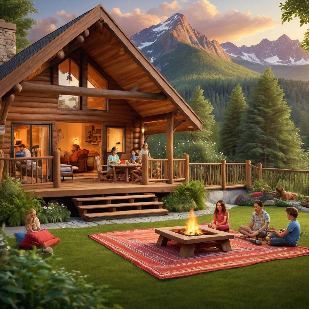 A joyful family of four exploring an inviting lodge surrounded by lush greenery and mountains in the background. Children are playing with outdoor games, while the adults relax on a cozy deck, showcasing the essence of bonding and adventure together. Include elements that suggest comfort and excitement, such as colorful picnic blankets and playful pets. warm lighting and inviting atmosphere. super-realistic. vibrant colors.